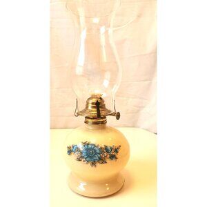 Vintage Lamplight Farms Oil Lamp White Ceramic Blue Floral Milk Glass 1970s